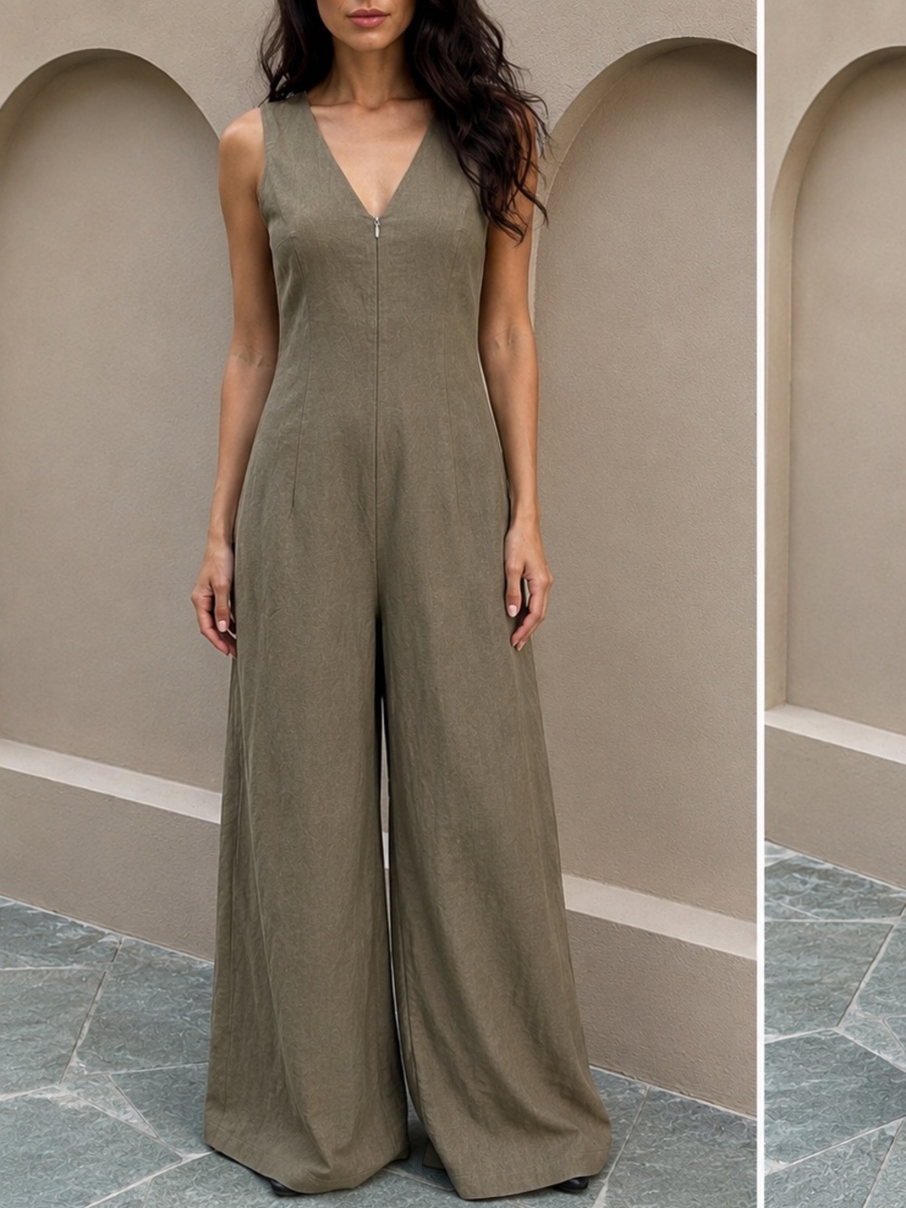 T Tahari Olive Sleeveless V-Neck Wide-Leg Jumpsuit
